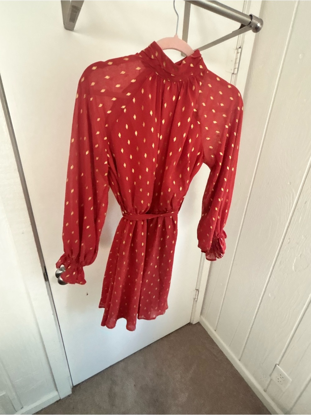 Red Long-Sleeve Tie-Waist Mini Dress with Gold Dot Print